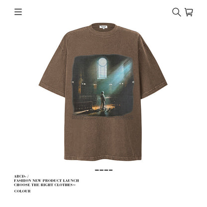 American vintage street T-shirt cotton vintage character print men and women summer loose