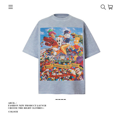 American vintage street T-shirt cotton men's summer loose
