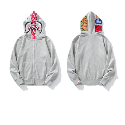 Bathing Ape Hoodie Shark Double Hat Embroidered Zip Sweater Casual Loose Hooded Jacket