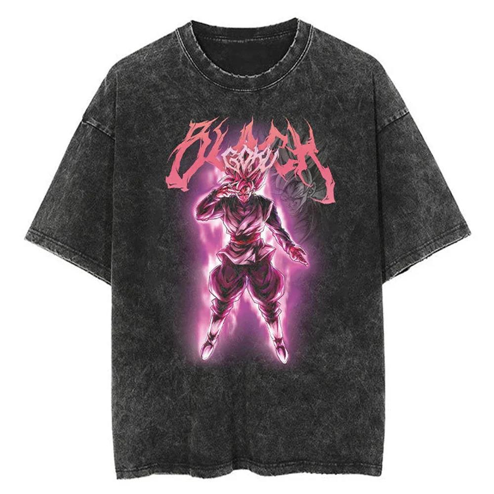 2024Men Tshirt Washed Black Vintage Japanese Anime Dragon