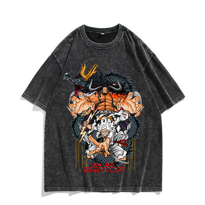 Anime Nika Luffy Washed Old Retro T-Shirt Short Sleeve