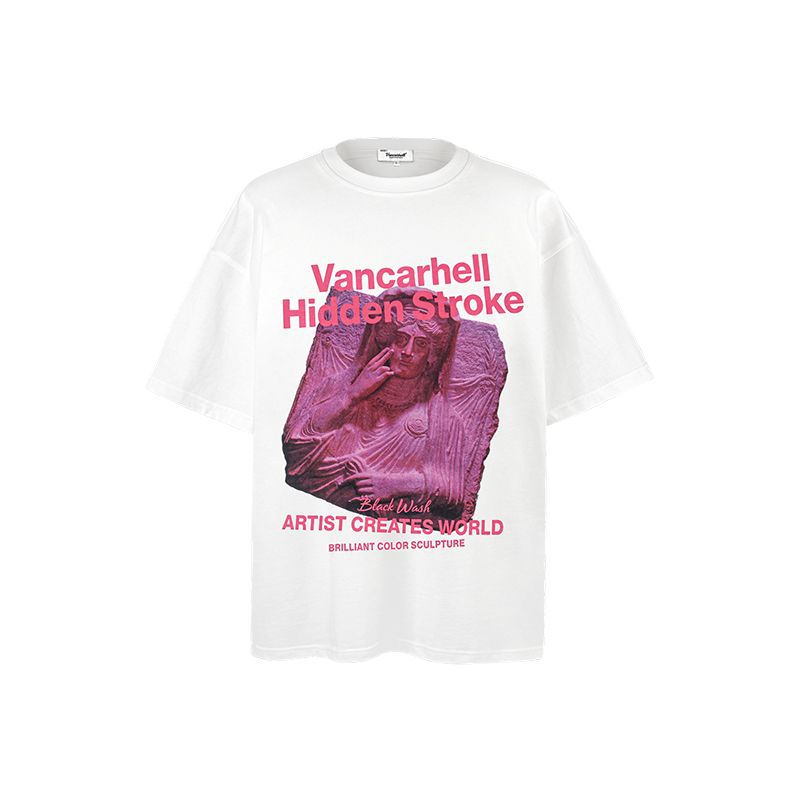 American vintage street T-shirt retro figure statue print men's summer loose half sleeve
