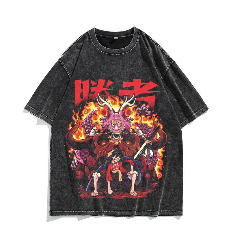 Anime Nika Luffy Washed Old Retro T-Shirt Short Sleeve