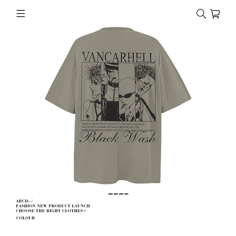 American vintage street T-shirt cotton cartoon character print men and women summer loose
