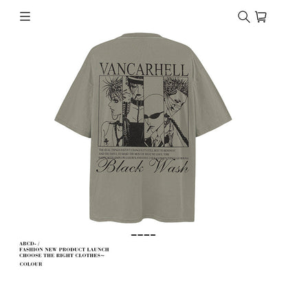 American vintage street T-shirt cotton cartoon character print men and women summer loose