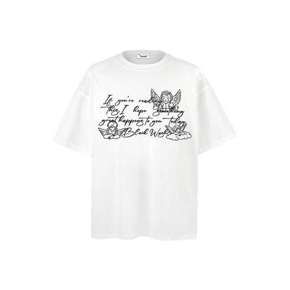American vintage street T-shirt vintage angel tears print men's summer loose half sleeve