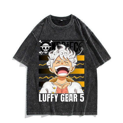 Anime Nika Luffy Washed Old Retro T-Shirt Short Sleeve