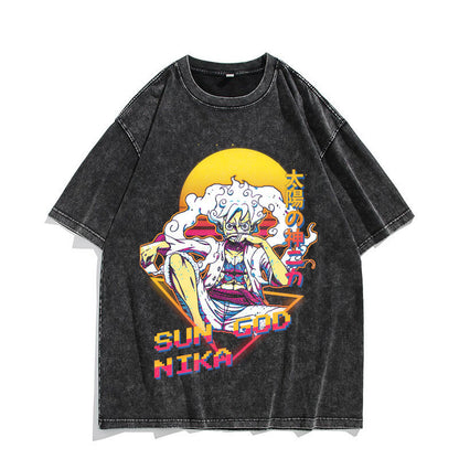 Anime Nika Luffy Washed Old Retro T-Shirt Short Sleeve