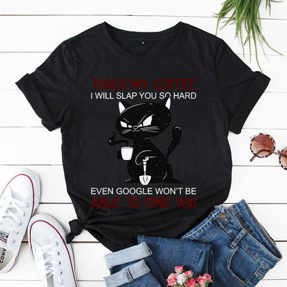 Angry Black Cat T Shirt New Trendy Tee Shirt Touch My Coffee