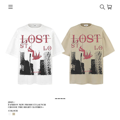 American vintage street T-shirt pure cotton retro men's and women's summer loose
