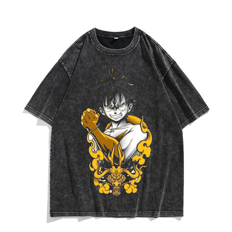 Anime Nika Luffy Washed Old Retro T-Shirt Short Sleeve