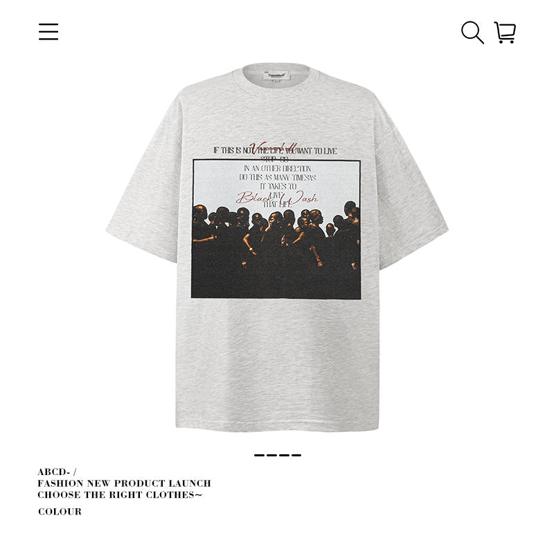 American vintage street T-shirt pure cotton retro men's and women's summer loose half sleeves