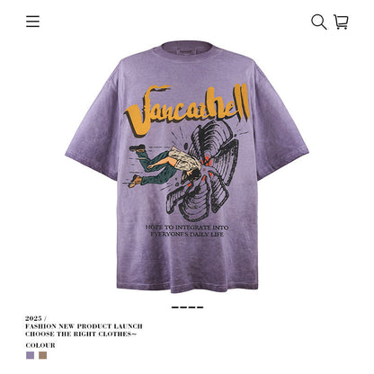American vintage street T-shirt retro men's summer loose cotton five-quarter sleeves