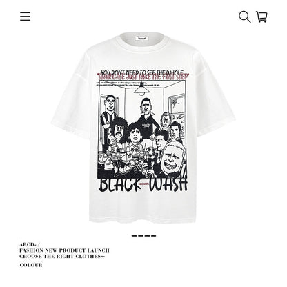 American vintage street T-shirt cotton fun cartoon print men and women summer loose
