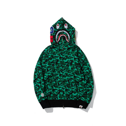 Bathing Ape Hoodie Shark Dark Green Camo Fleece Hooded Cardigan Sweater Jacket