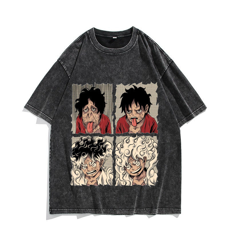 Anime Nika Luffy Washed Old Retro T-Shirt Short Sleeve