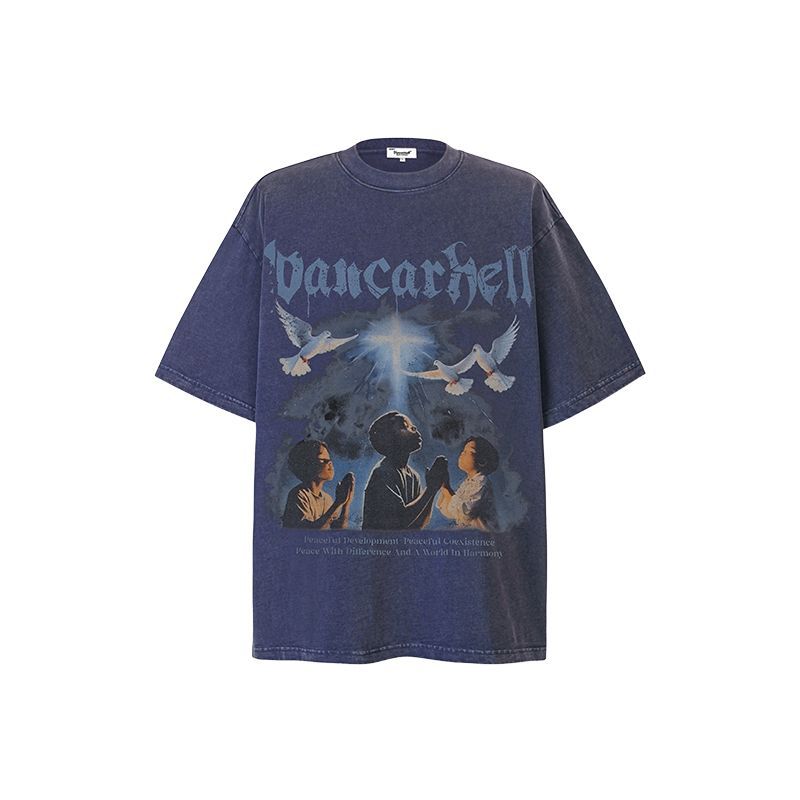 American vintage street T-shirt retro character print men's loose top