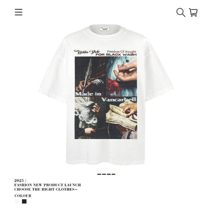 American vintage street T-shirt retro men's loose half sleeve