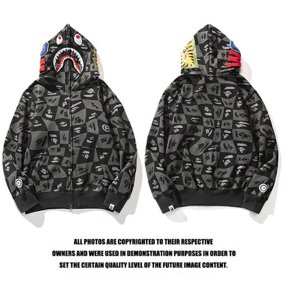 Bathing Ape Hoodie Autumn and Winter Ape Shaped Checkered Shark Cardigan Zipper Sweater Jacket