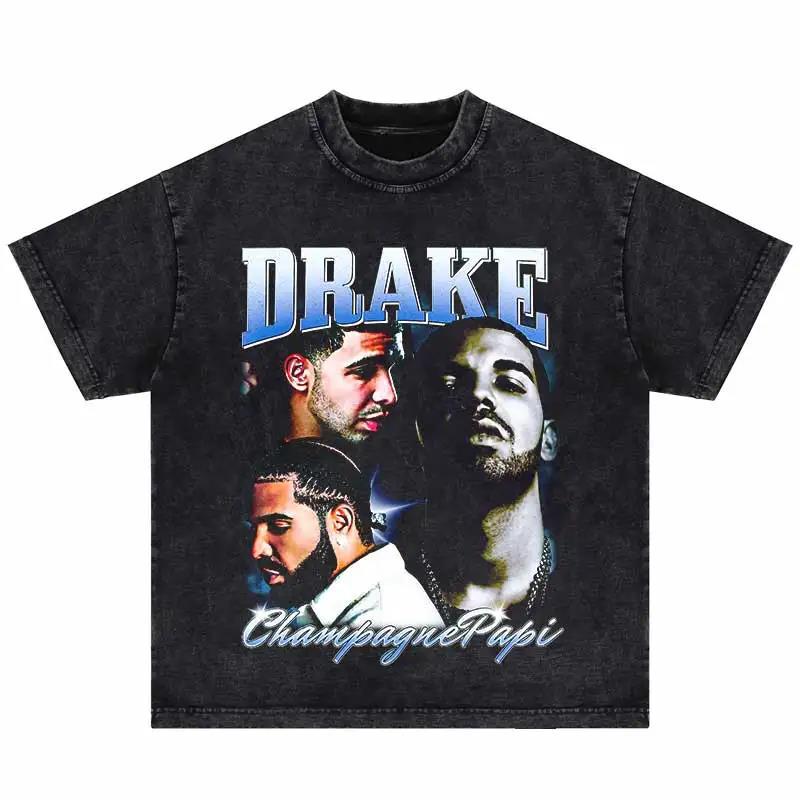 2024Summer Washed Short Sleeve Tshirts Men Hip Hop Portrait