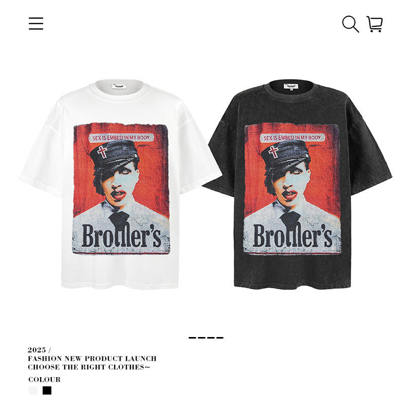 American vintage street T-shirt pure cotton retro men's and women's summer loose half sleeves