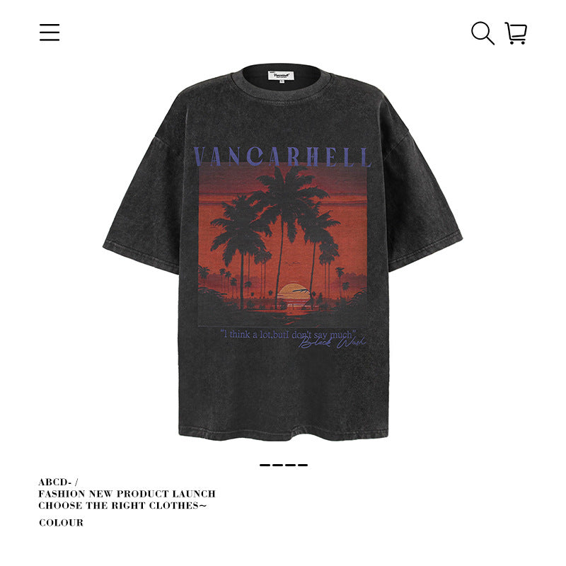 American vintage street T-shirt summer men's loose pure cotton