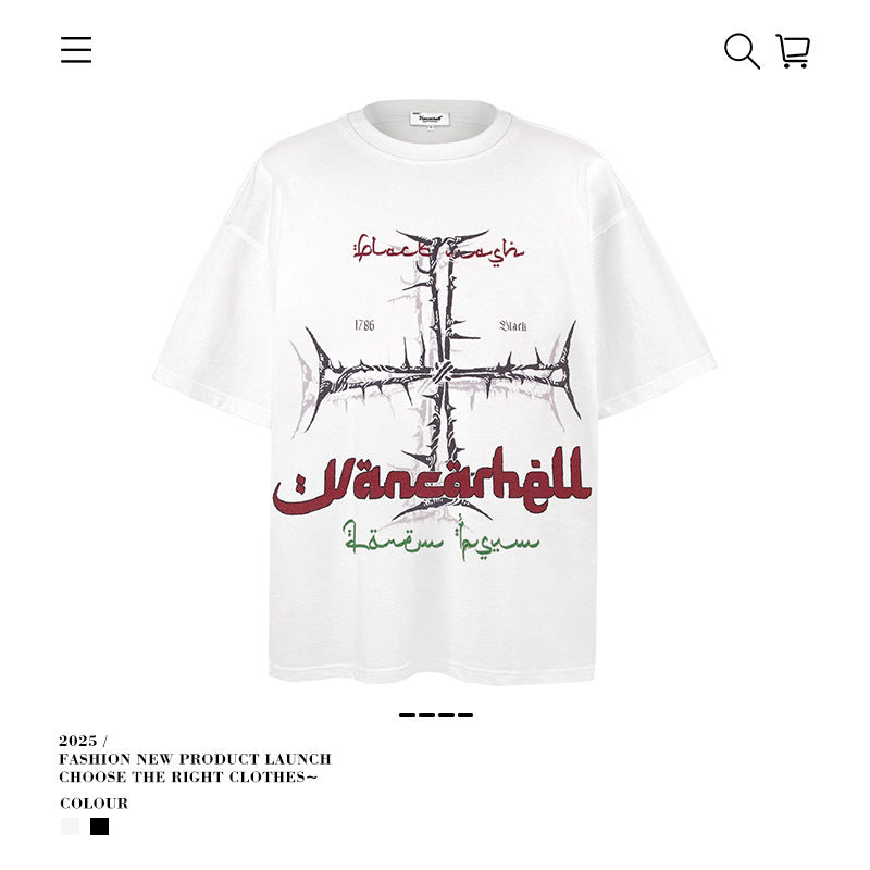 American vintage street T-shirt pure cotton men's and women's summer loose retro