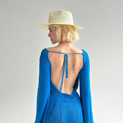 Beach Sweater Dress Autumn Beach Dress Women's Sexy Knitted Hollow Backless Long Sleeve
