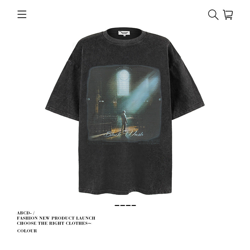 American vintage street T-shirt summer men's loose pure cotton