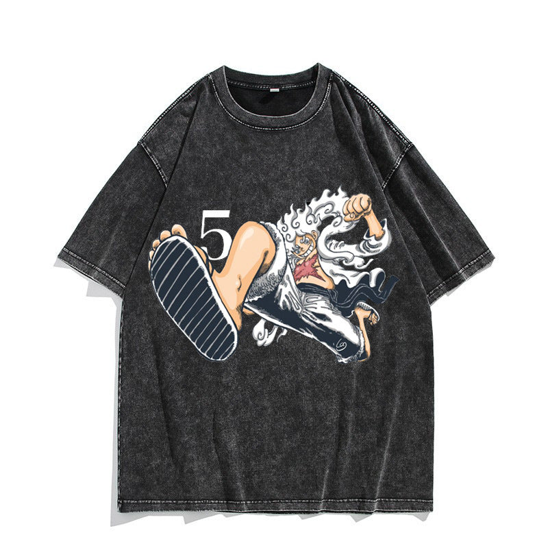 Anime Nika Luffy Washed Old Retro T-Shirt Short Sleeve