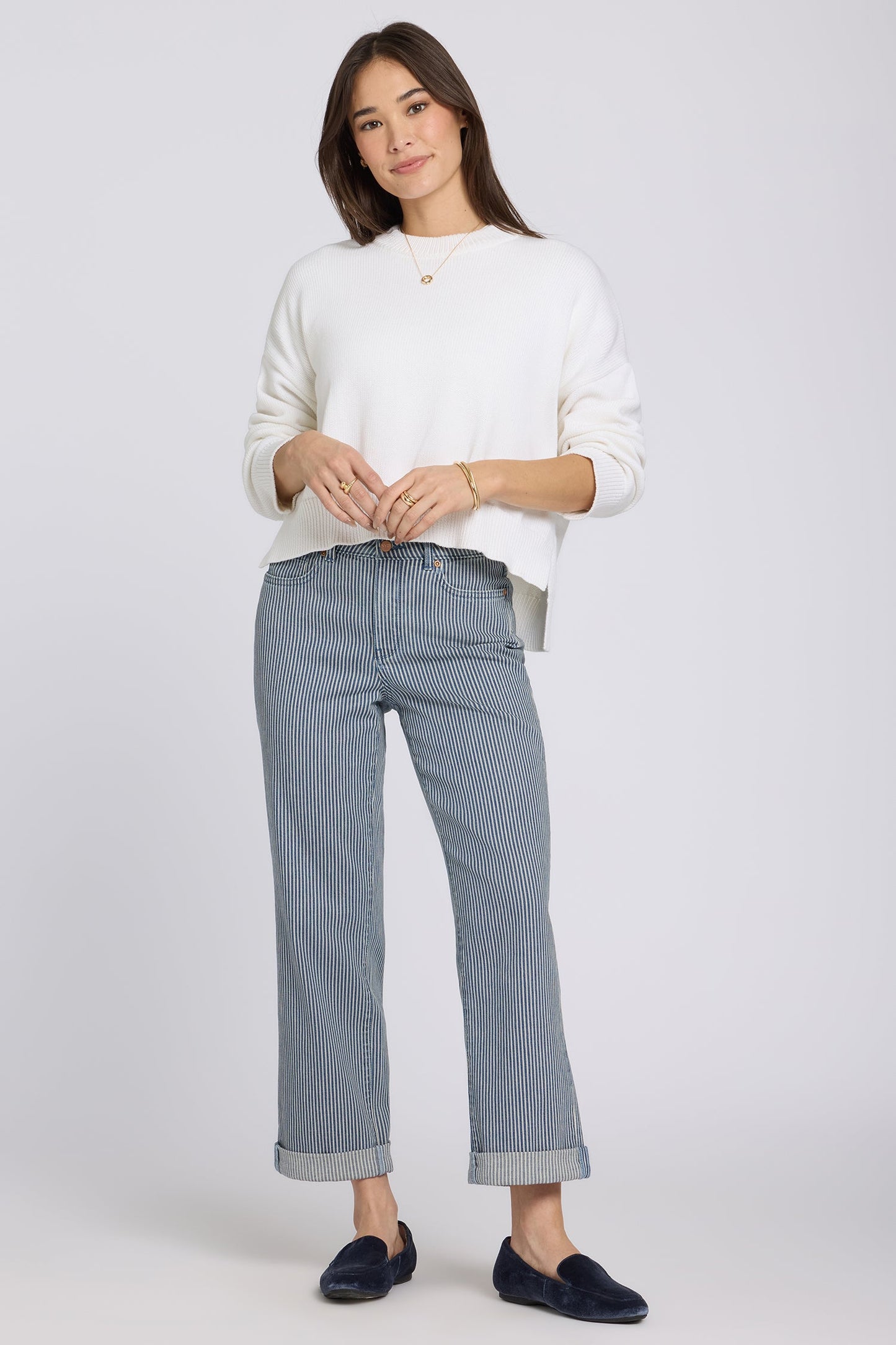 Bailey Relaxed Straight Crop Jeans In Petite - Malaga Stripe