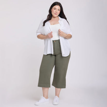Brigitte Wide Leg Capri Jeans In Plus Size - Desert Green