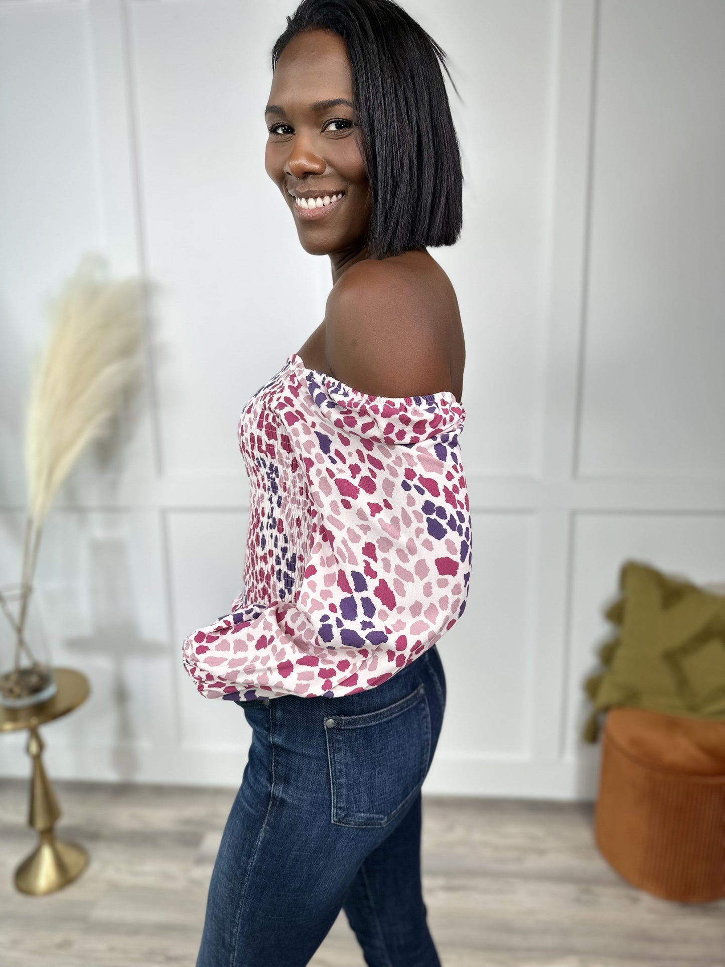 All The Spots Women's Smocked Long Sleeve Top