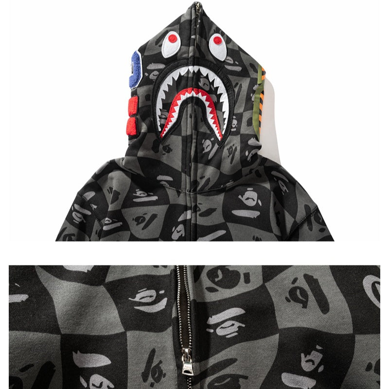 Bathing Ape Hoodie Autumn and Winter Ape Shaped Checkered Shark Cardigan Zipper Sweater Jacket
