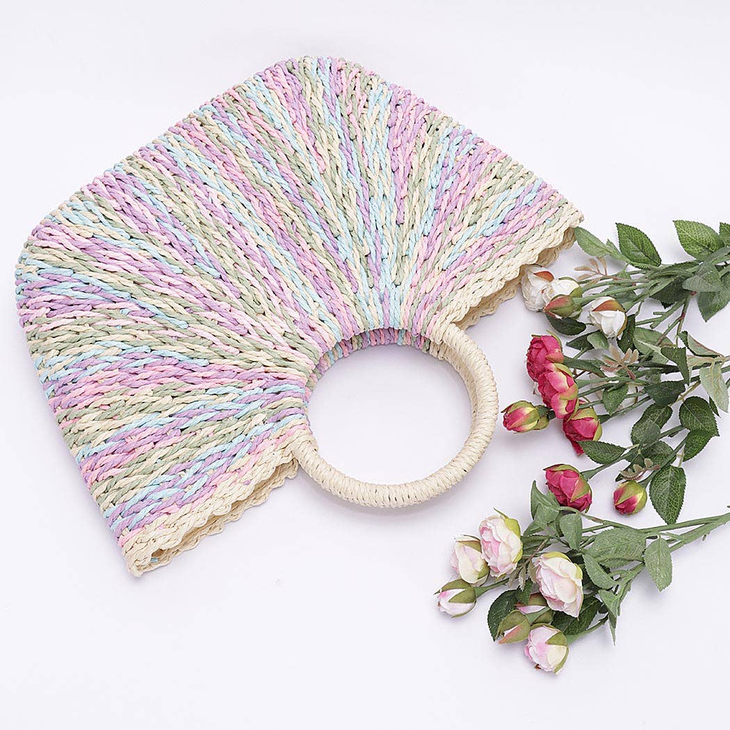 Faux Straw Multi Color Round Handle Tote Bag