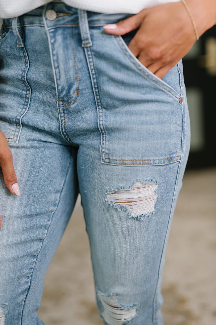 Aiden High Rise Patch Pocket Distressed Boyfriend Jeans