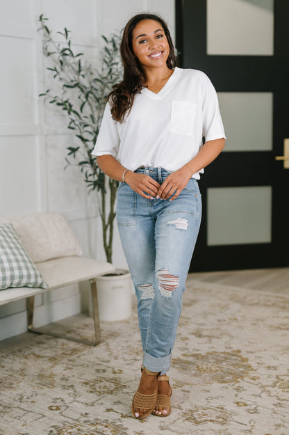 Aiden High Rise Patch Pocket Distressed Boyfriend Jeans