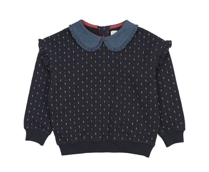 Analogie Navy Print Sweet Campaign Denim Collar Ruffle Sweatshirt