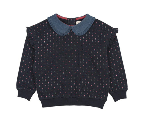 Analogie Navy Print Sweet Campaign Denim Collar Ruffle Sweatshirt