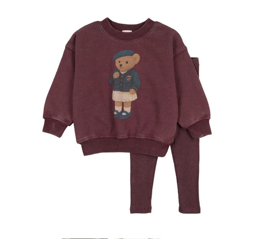 Analogie Washed Burgundy Bear Sweatshirt Set Girl
