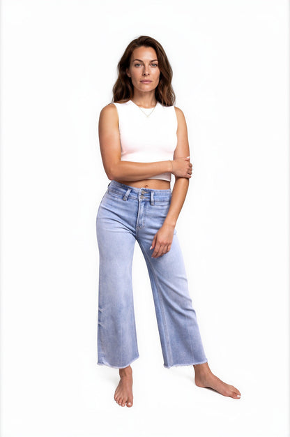 The Annie High-Rise Tummy Control Cropped Raw Hem Wide Leg Jeans