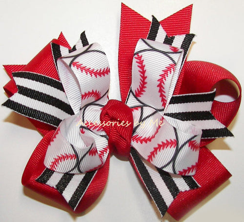 Baseball Ribbons Red Black Funky Ponytail Hair Bow
