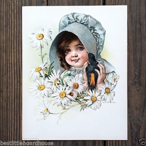 CHILD BIRD & DAISIES Victorian Stone Lithograph Print 1907