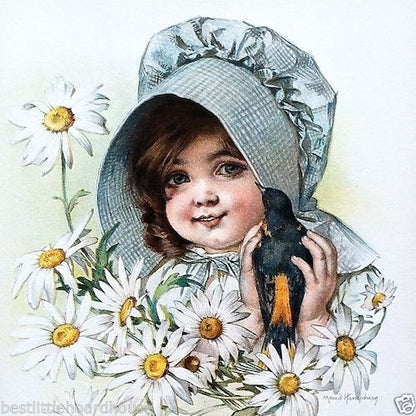 CHILD BIRD & DAISIES Victorian Stone Lithograph Print 1907