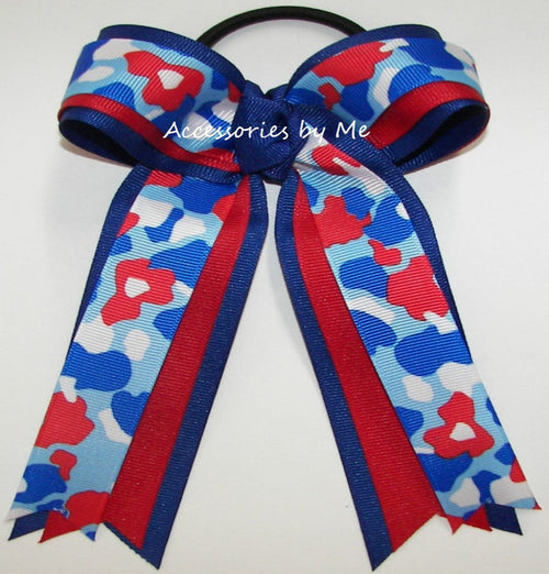 Patriotic Camouflage Red White Royal Blue Ponytail Bow