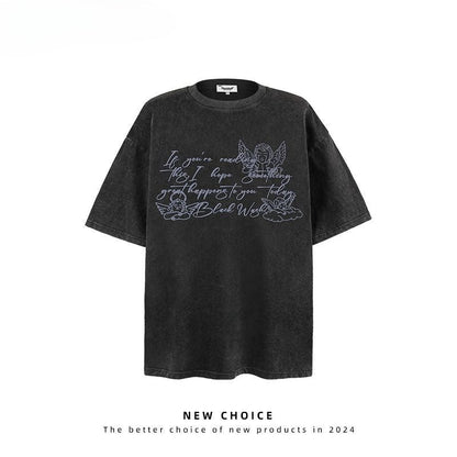 American vintage street T-shirt vintage angel tears print men's summer loose half sleeve