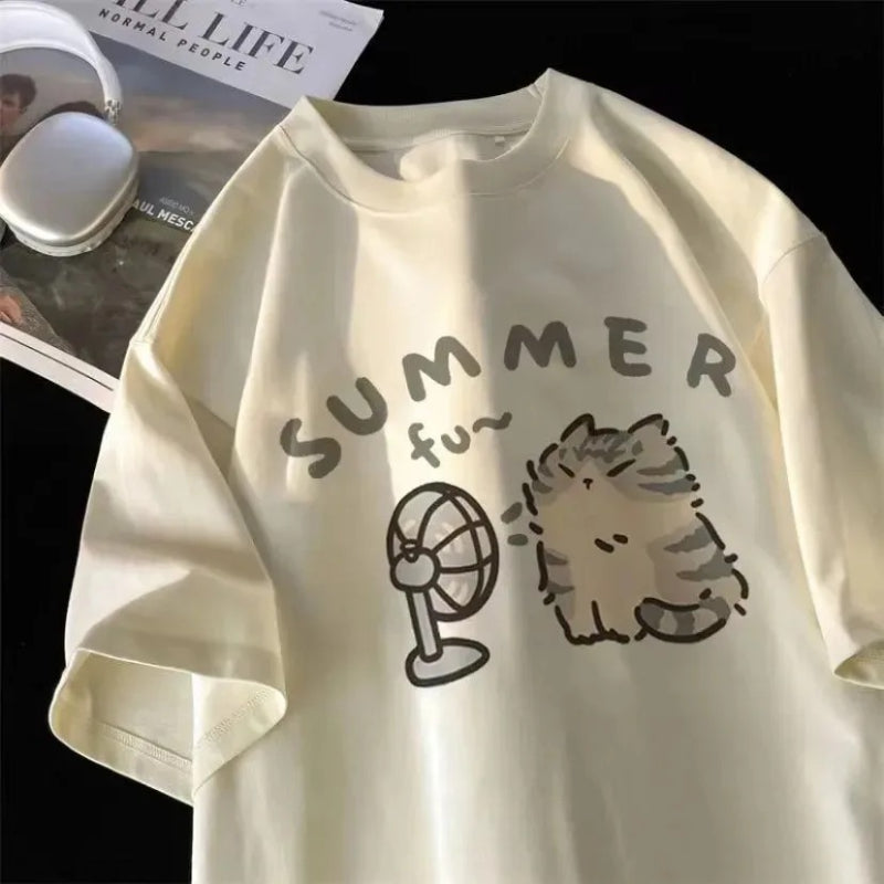 2024 Summer Fan Cat and Women Pure Cotton T-Shirt