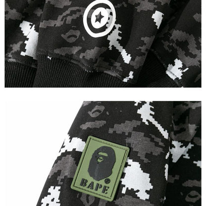 Bathing Ape Hoodie Autumn and Winter Digital Pixel Camouflage Hoodie Men's and Women's Shark Hooded Sweater Jacket