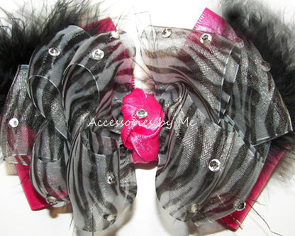 Glitzy Zebra Organza Hot Pink Marabou Hair Bow - Accessories by Me