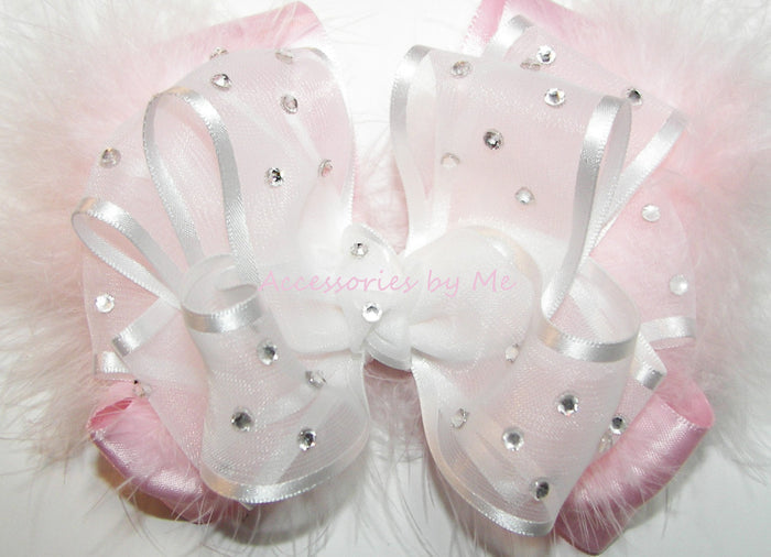 High Glitz White Light Pink Organza Marabou Hair Bow